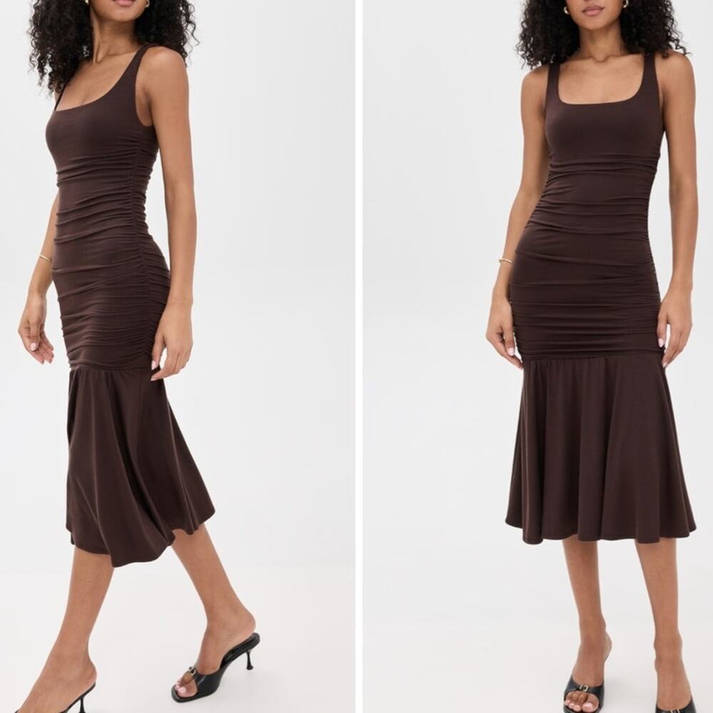 NWT Reformation Brown Kayla Knit Ruched Drop Waist Sleeveless Midi Dress Size XS